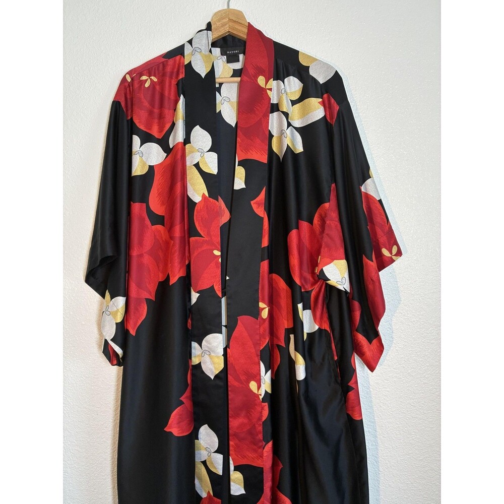 Natori Ginza Long Kimono Robe Womens One Size Black Satin Red Floral Lounge - Picture 7 of 15